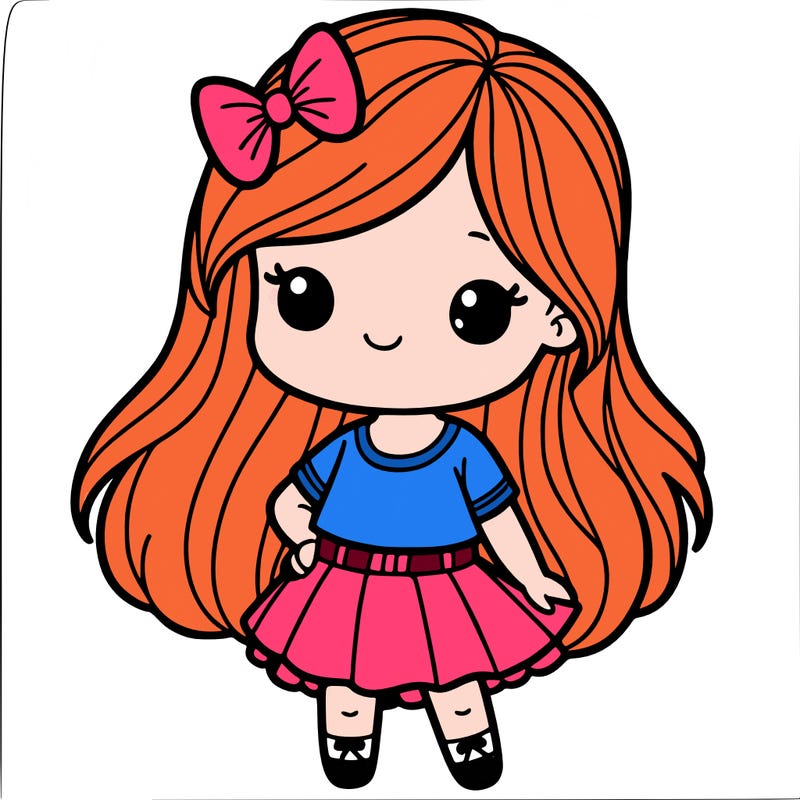a little girl with long hair, a t shirt and a skirt with a bow on her head