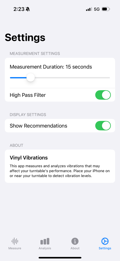 Vinyl Vibrations - La pantalla de configuración de la aplicación Vinyl Vibrations que muestra la duración de la medición y los controles del filtro de paso alto.