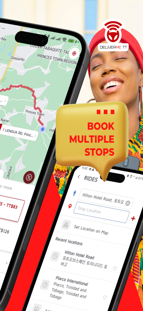 A smartphone showing the DeliverMe TT app interface with a feature to book multiple stops during a taxi ride.