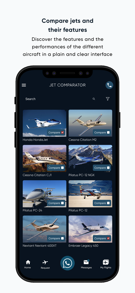 Private Jets Charter LunaJets - LunaJets mobile app showing the jet comparator interface with various private aircraft models for selection and comparison