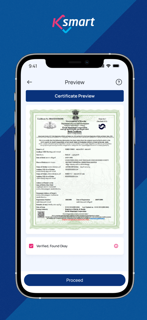 A preview of a Kerala government digital birth certificate on the KSMART mobile app