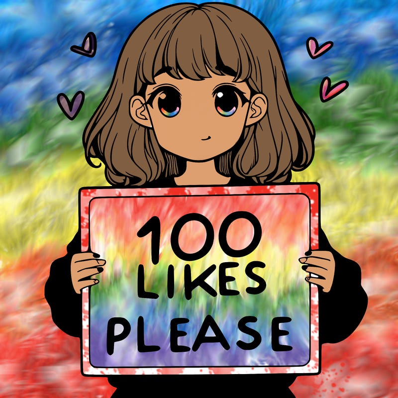a girl holding a sign saying 100 likes please