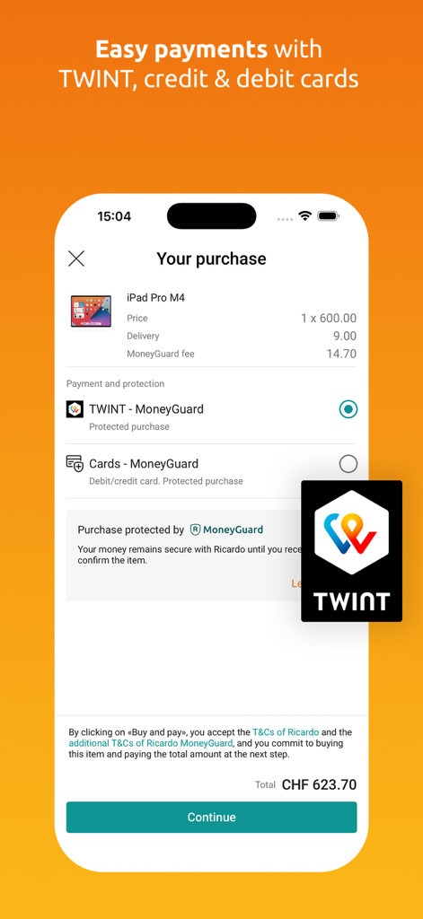 Ricardo App-Kassenseite mit Anzeige sicherer Zahlungsmethoden und MoneyGuard-Schutz.