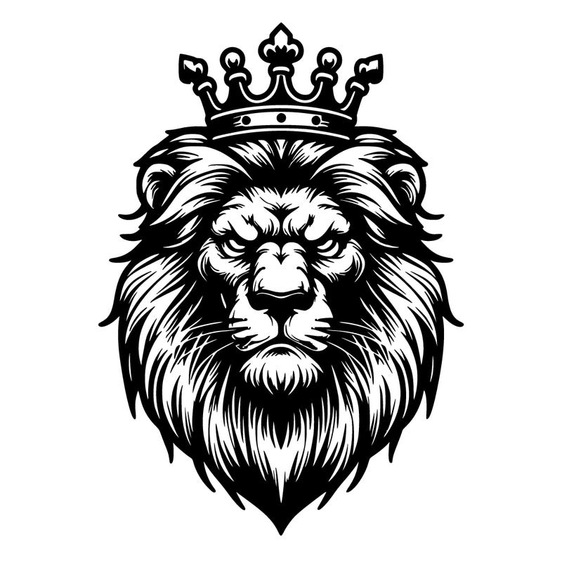 scary lion looking straight ahead. the lion is wearing a classy crown