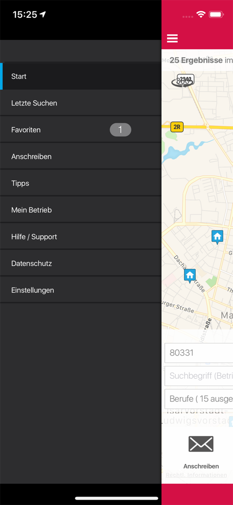 Handwerkerradar - Seitenmenü und Suchergebnisse für Handwerker in der Handwerkerradar-App.