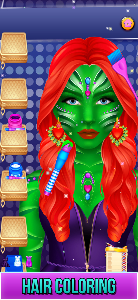 A character with green skin and long red hair receiving a face paint makeover in a salon game level titled Hair Coloring.