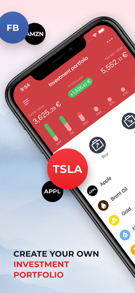 Dukascopy – Swiss Mobile Bank - Smartphone screen showing the Dukascopy Swiss Mobile Bank investment portfolio with stock and commodity tracking.
