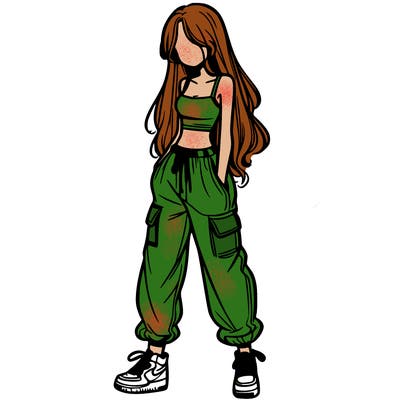 girl in baggy pants crop top and long hair