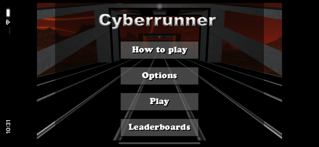 Cyberrunner - Main menu screen of the Cyberrunner mobile game showing options for Play Leaderboards and How to play