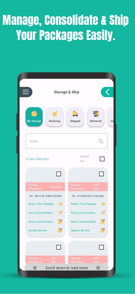 Global Shopaholics - Interface of Global Shopaholics app showing package storage and shipping status dashboard