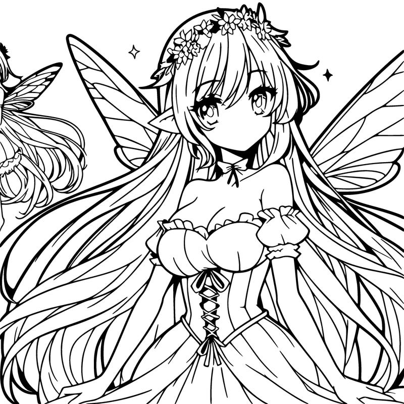 anime style beautiful fairy with big wings and long hair and a beautiful smile