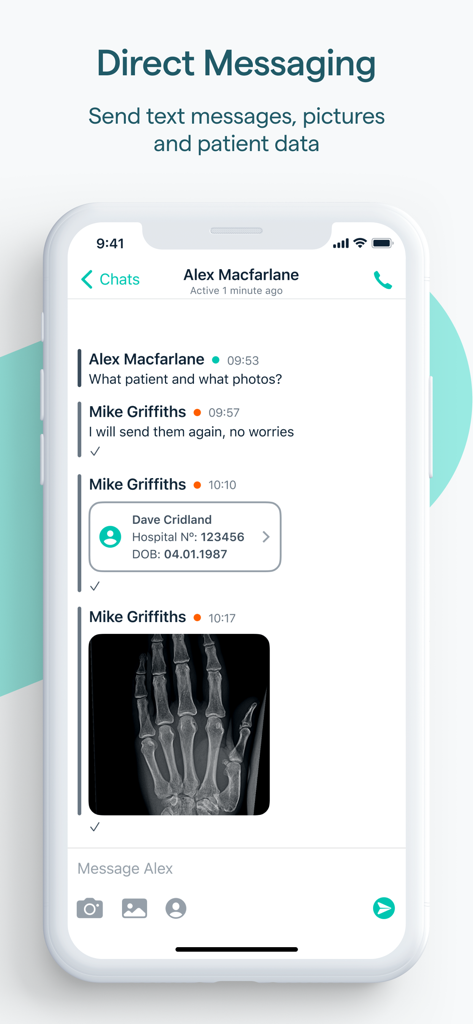 Pando - Connecting Healthcare - Écran de messagerie directe sécurisée dans l'application Pando affichant des données patient et une radiographie de la main.