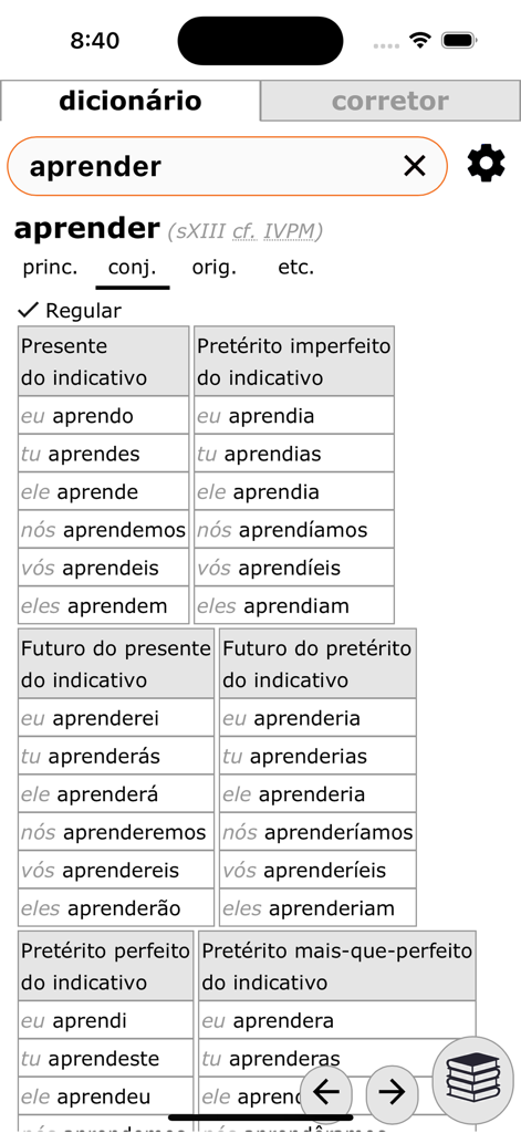 Houaiss.on - Table showing conjugation of the Portuguese verb aprender in the Houaiss.on app