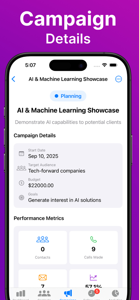 Connect Pro CaIler - Connect Pro Caller app screen showing campaign details and performance metrics for a business outreach campaign