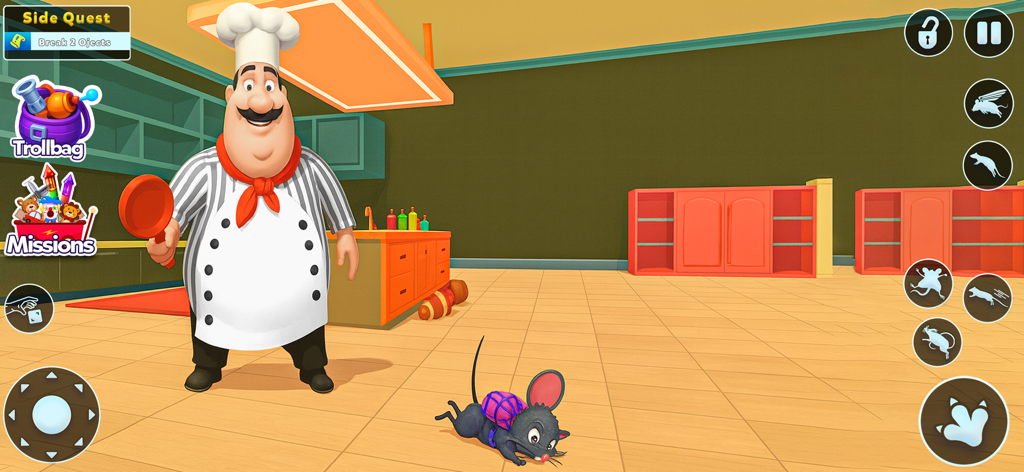 Sneaky Chef: Kitchen Pranks - Gameplay screenshot of Sneaky Chef showing a cartoon chef holding a frying pan and a small mouse in a kitchen environment