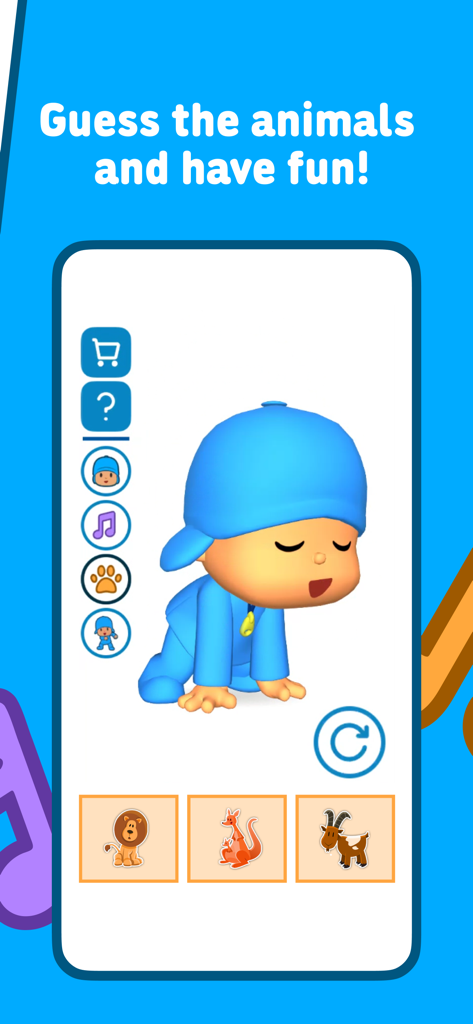 Talking Pocoyo - Pantalla interactiva de la aplicación Pocoyó Parlanchín mostrando un juego de adivinar animales para niños