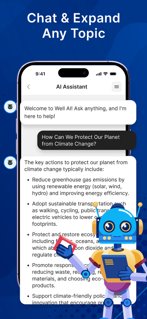 AI Mind Map: Visual Mind Node - Uma tela móvel mostrando a interface do assistente de IA respondendo a uma pergunta sobre mudanças climáticas com uma lista detalhada de ações.