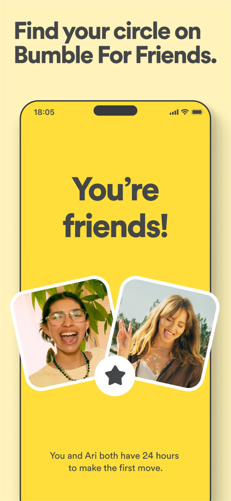 Interfaz de la aplicación Bumble For Friends que muestra una conexión de amistad exitosa entre dos usuarios con el texto "Son amigos".