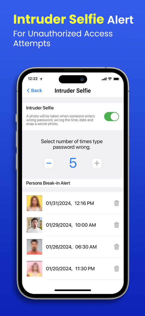 Smartphone screen showing the intruder selfie alert feature with a list of unauthorized access attempts