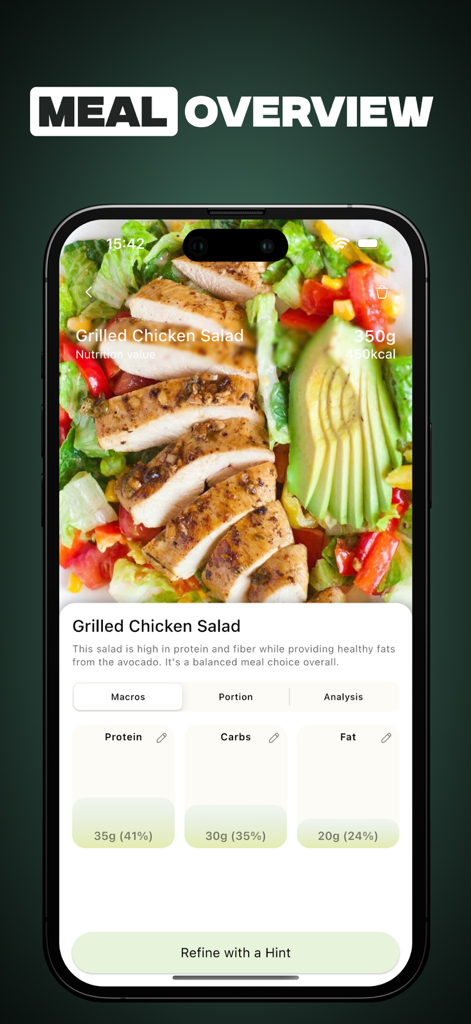 Mango AI - Calorie Tracker - Interface do rastreador de calorias Mango AI mostrando um detalhamento nutricional de macros de uma salada de frango grelhado