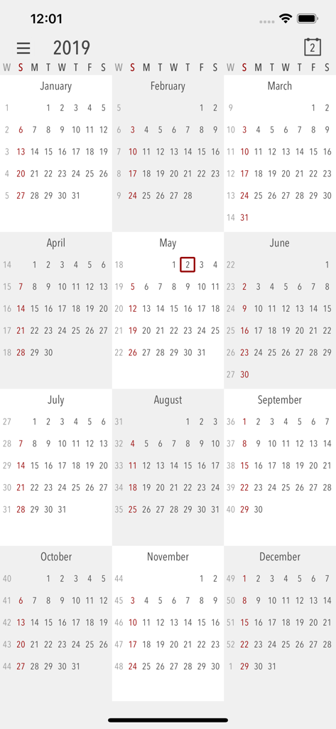 Cali - The Calendar App - Minimalist full year calendar view in the Cali app showing twelve months on one screen