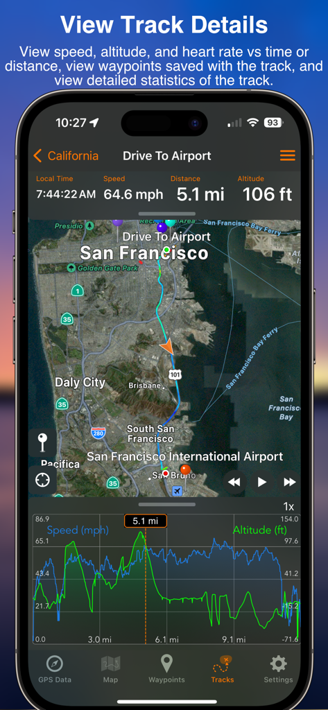 Captura de pantalla de iPhone de la aplicación GPS Tracks que muestra estadísticas de navegación detalladas y un gráfico de elevación para una ruta grabada