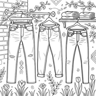 Explore the latest denim trends with this engaging coloring page, perfect for fashion-forward teens. Featuring stylish men's jeans amidst beautiful spring blossoms, it's an ideal creative escape.