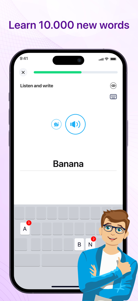 Learn English - 8 words a day - An English learning app screen showing a listening and writing exercise for the word banana