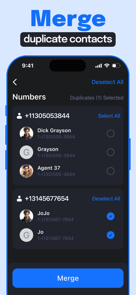 Mobile app interface for merging duplicate contacts to organize phone storage