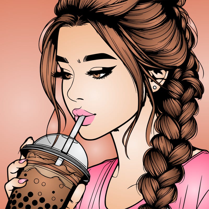 realistic girl drinking boba tea with braided hair