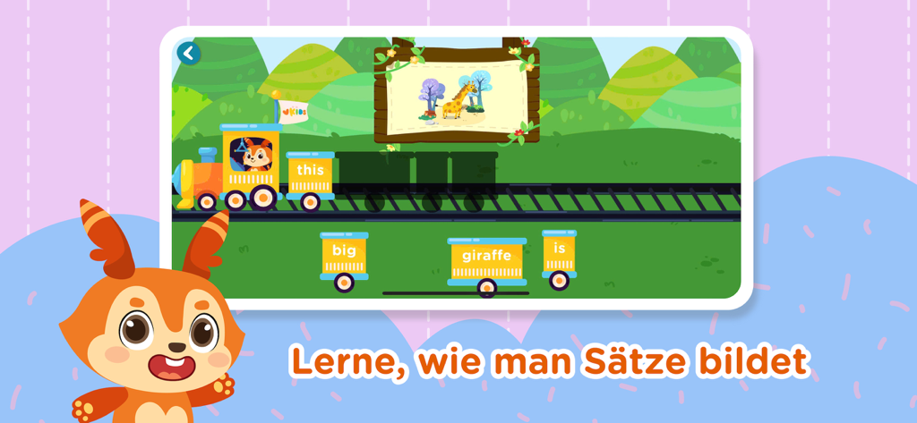 Un juego de construcción de oraciones para niños con un tren y bloques de palabras para aprender inglés y alemán