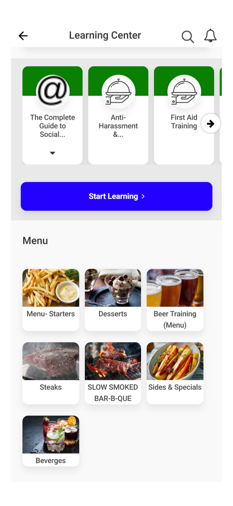 Better Chains Management - Better Chains Management app Learning Center screen featuring employee training modules and restaurant menu categories