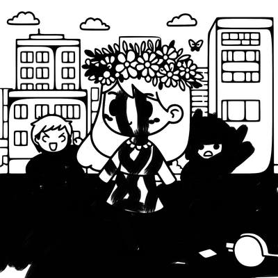 girl with flowers crown somebody just walking down the street with somebody chasing them
