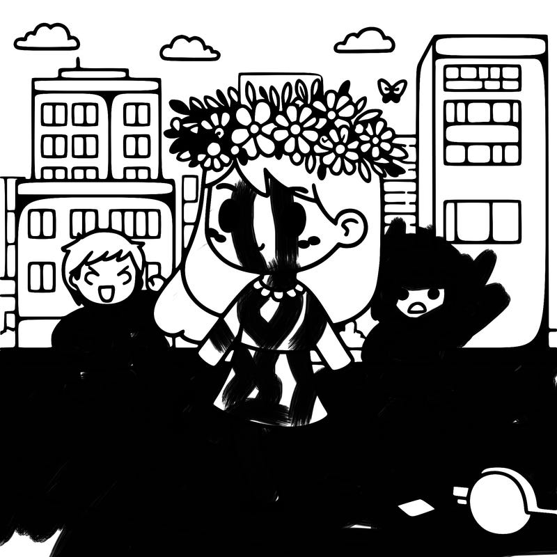 girl with flowers crown somebody just walking down the street with somebody chasing them