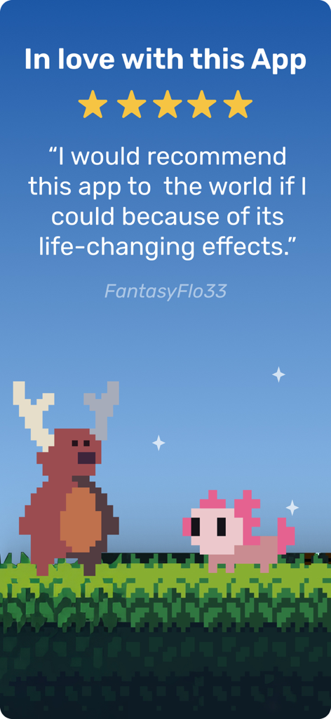Focus Hero: Achieve your Goals - Focus Hero user testimonial with five star rating and pixel art characters