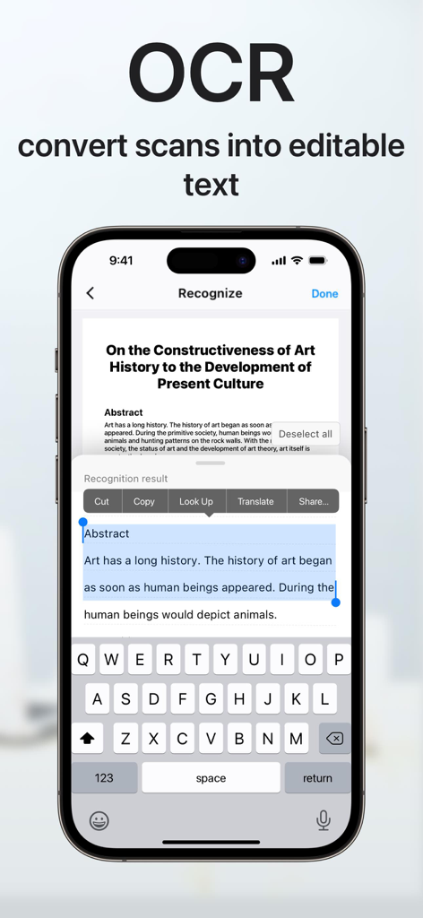 iPhone screen demonstrating OCR feature to convert scanned documents into editable text with options to copy and share.