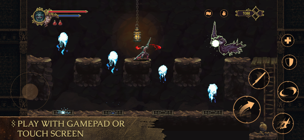 Gameplay de Blasphemous móvil mostrando controles táctiles y combate pixel art en un entorno gótico oscuro