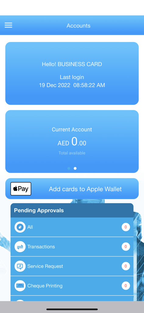A mobile app screen showing a corporate banking dashboard with account balance and pending approval categories.