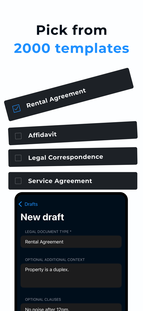 Contract Maker: Legal Draft - リーガルドラフトアプリのインターフェースで、契約書テンプレートの選択と新しい賃貸契約書のドラフトが表示されています。