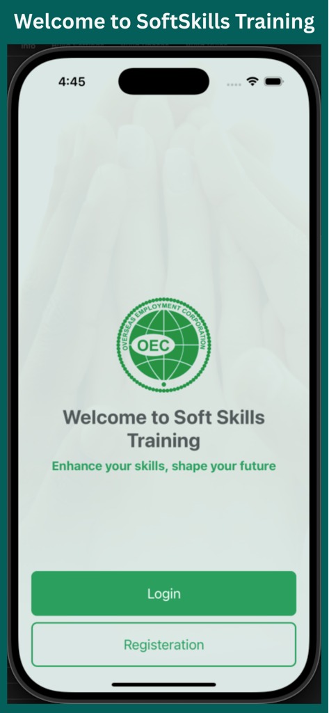 PakSoftSkills - PakSoftSkillsアプリのウェルカム画面、OECロゴとログイン・登録ボタンが表示されています