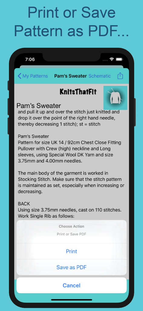 KnitsThatFit Sweaters Premium - KnitsThatFit app interface displaying a custom knitting pattern with options to print or save as a PDF.