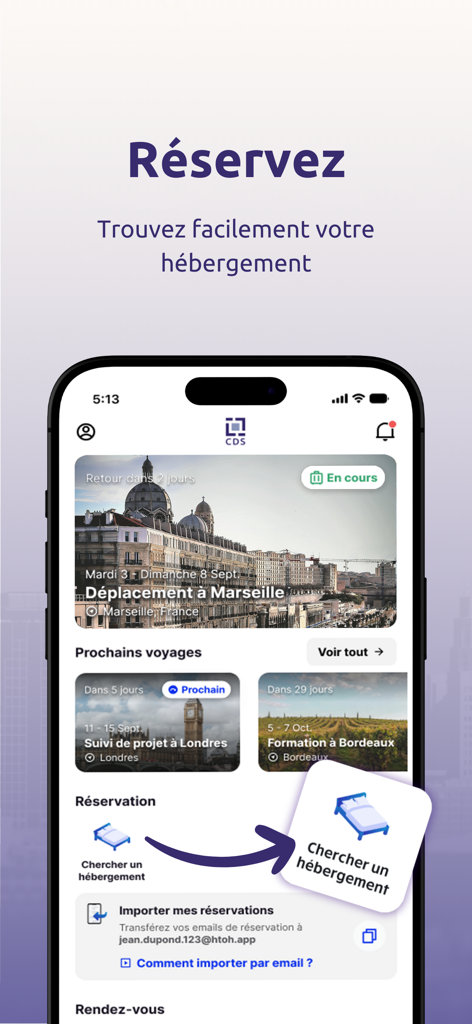 CDS App dashboard displaying corporate travel bookings and hotel search options