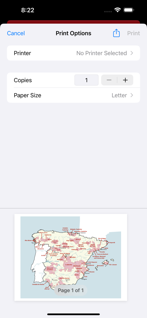 Menu des options d'impression dans l'application Wine Maps affichant un aperçu d'une carte des régions viticoles d'Espagne.
