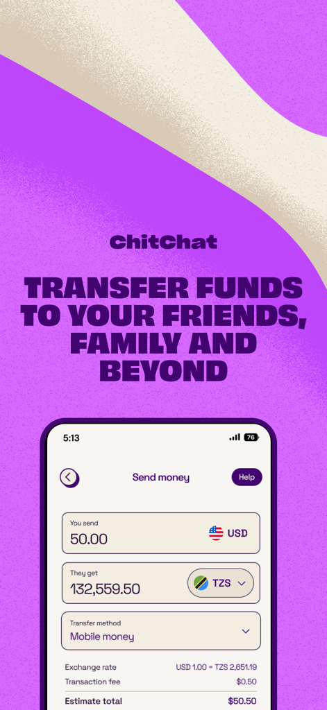 ChitChat app screen showing a currency conversion and transfer from US Dollars to Tanzanian Shilling via mobile money
