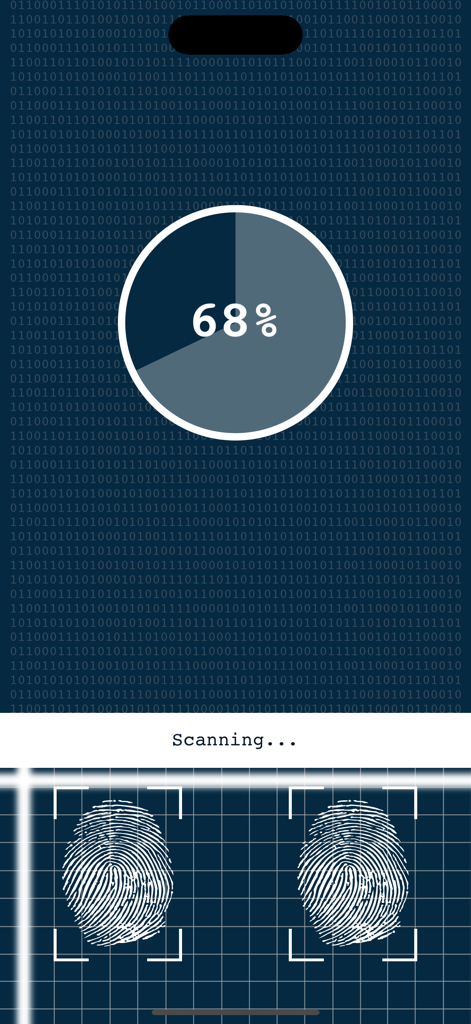 Magic Lie Detector - Fingerprint scanning interface of Magic Lie Detector app with progress bar at 68 percent