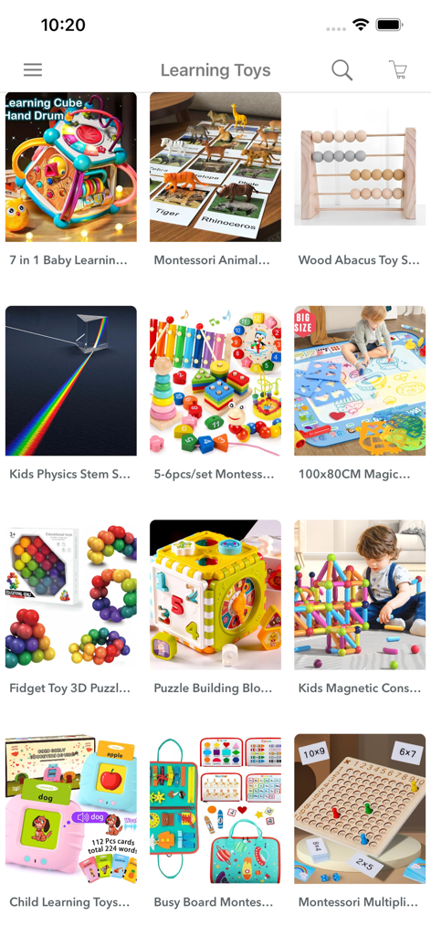 Cheap Toys Store Online - Una cuadrícula de juguetes educativos y de aprendizaje para niños, incluidos conjuntos Montessori y rompecabezas en una aplicación de compras móvil.