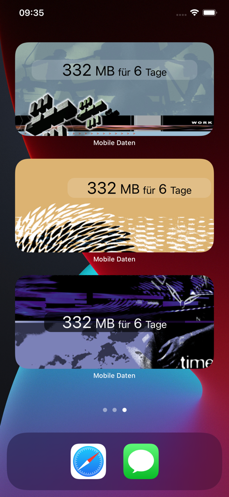 Three artistic mobile data widgets on an iPhone home screen showing 332 MB remaining for 6 days.