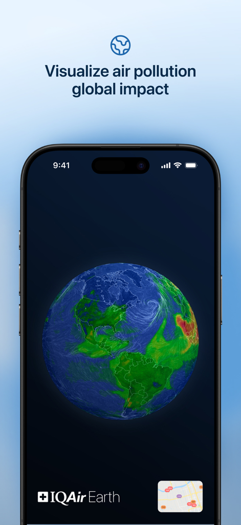 3D world pollution map showing global air quality impact on IQAir Earth