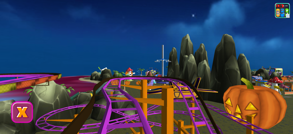 Halloween Cat Theme Park 3D - Una pista de montaña rusa morada y naranja en un parque de atracciones temático de Halloween en 3D por la noche con una gran calabaza tallada.