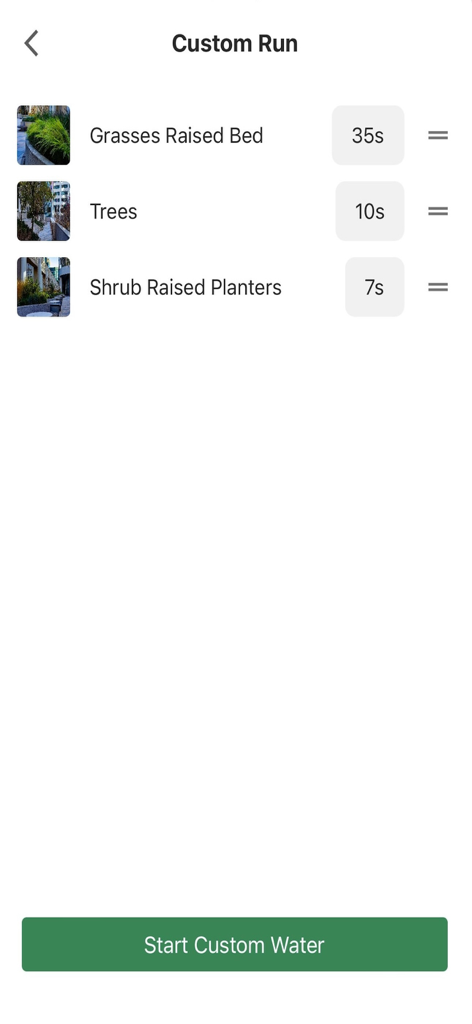 Rain Bird 2.0 app Custom Run interface showing manual watering durations for specific landscaping zones with custom photos